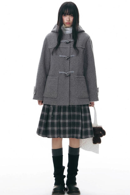 Double Waist Plaid Woolen Pleated Midskirt