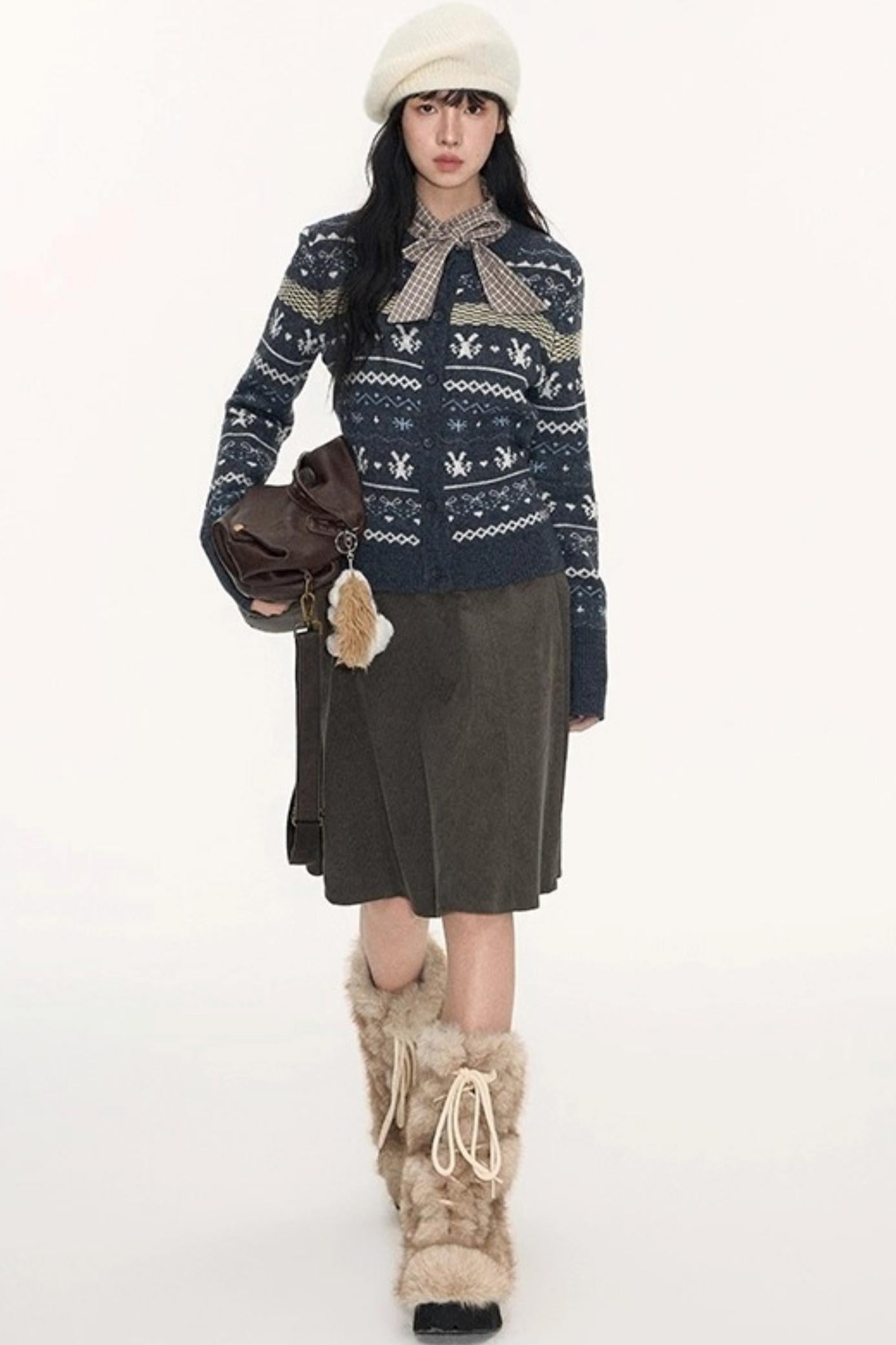 Vintage Fur Collar Jacket With Skirt Set-Up