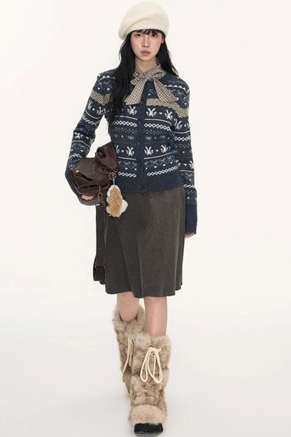 Vintage Fur Collar Jacket With Skirt Set-Up