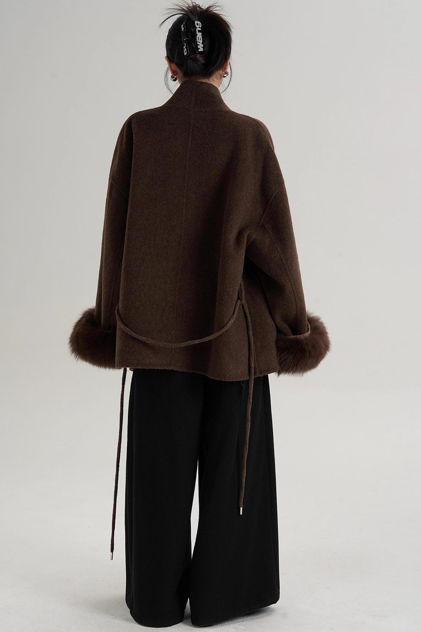 Elegant Fox Fur Sleeve Wool Coat