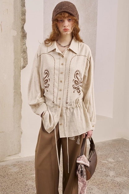 Vintage Striped Suede Embroidered Shirt