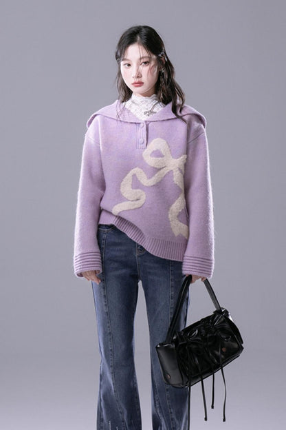 Grape Purple Bow Jacquard Sweater Set-UP