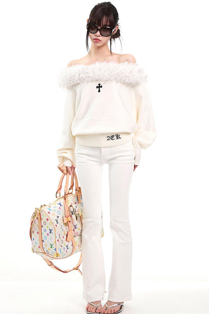 Off-Shoulder Fur Collar Sweater