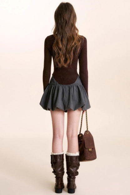 Color-Blocked Woolen Puff Skirt
