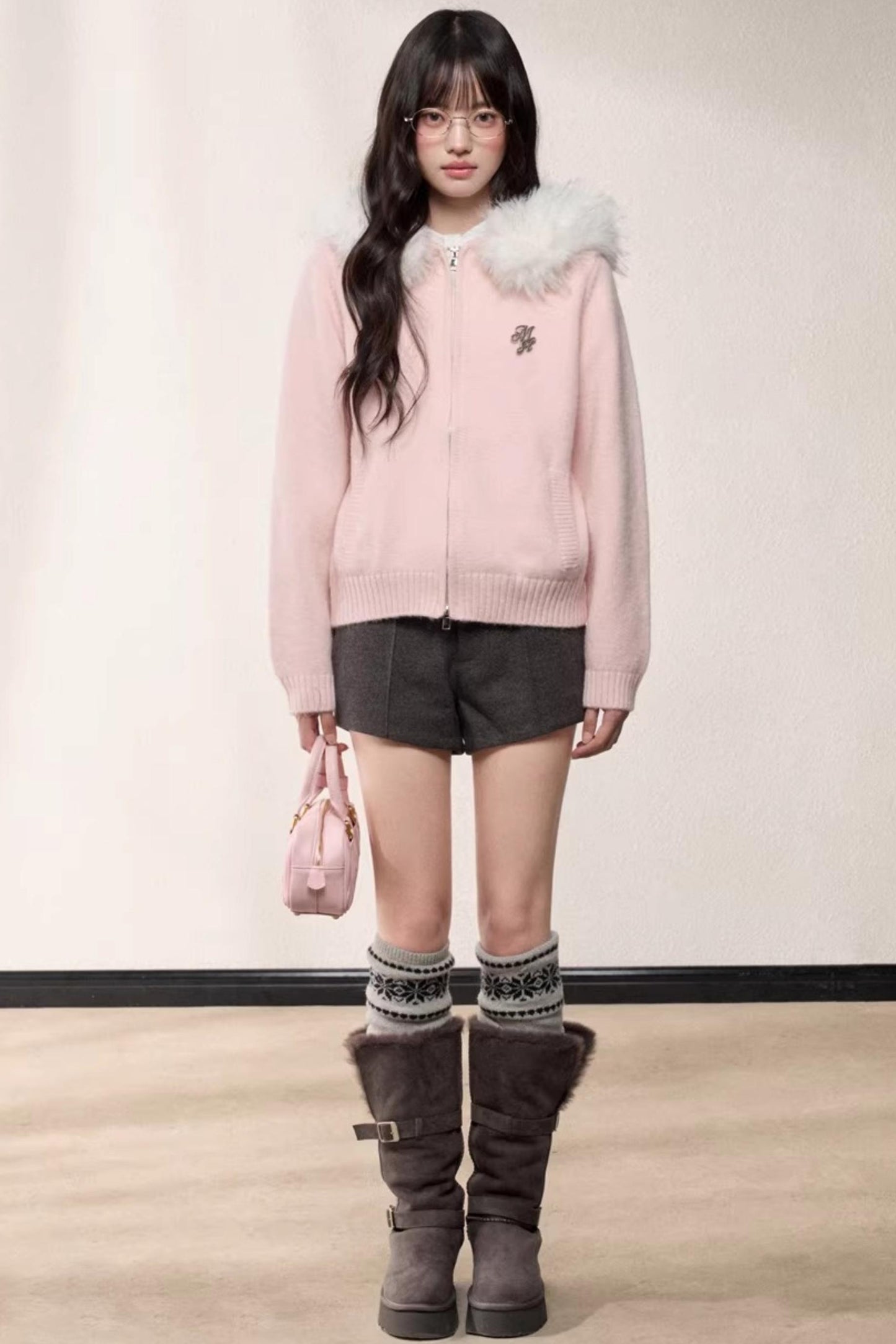 Fur Collar Hooded Knit Cardigan