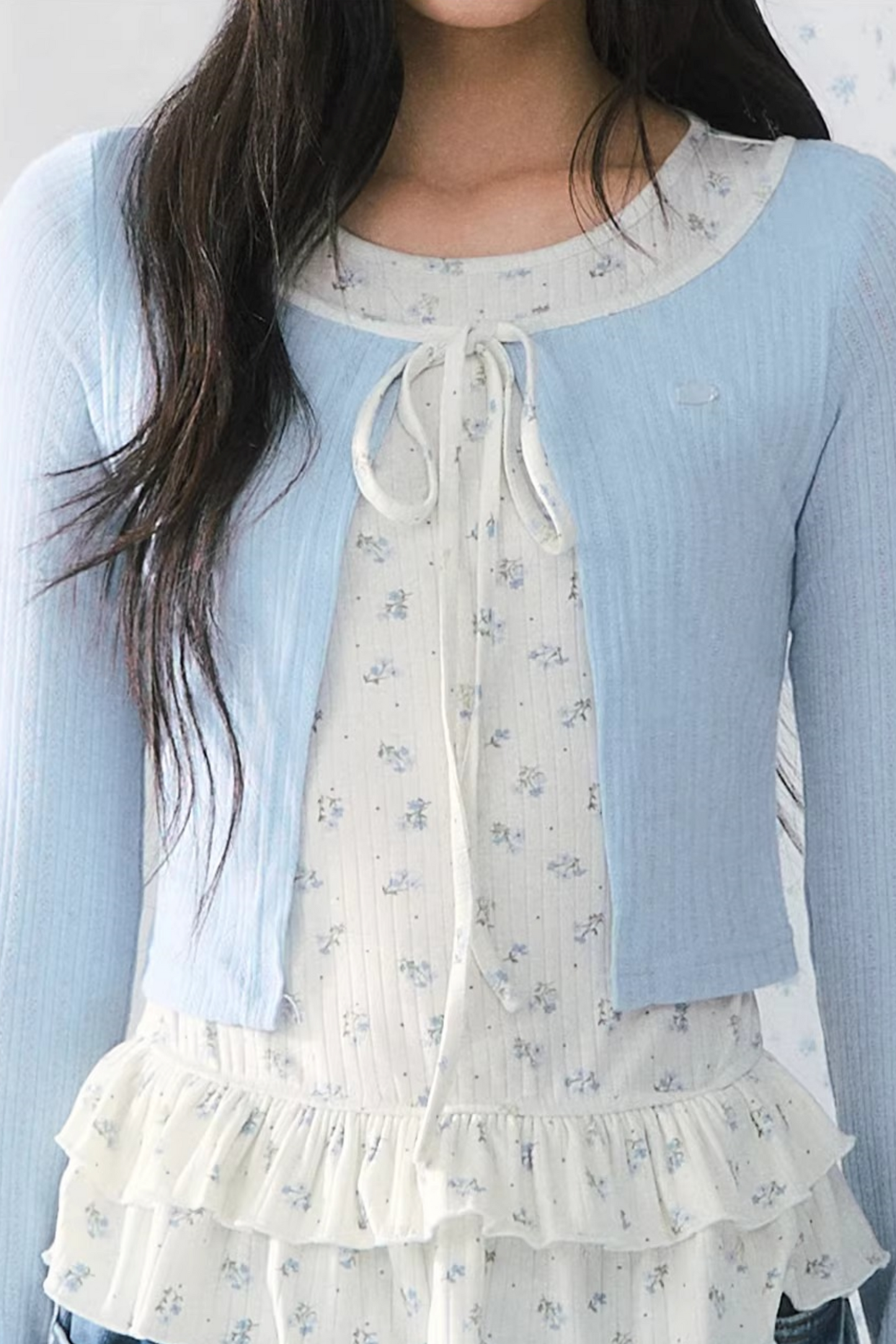 Blue Floral Knitted Ruffled Top