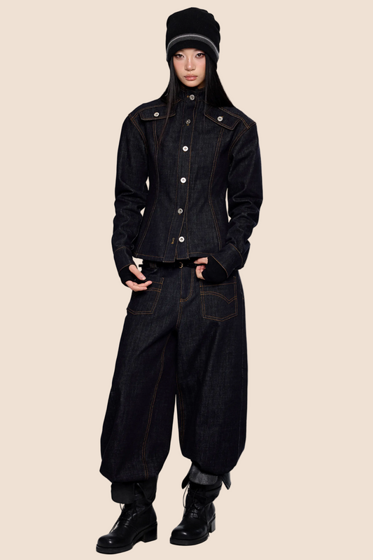 Wide-Shoulder Denim Jacket Set-Up