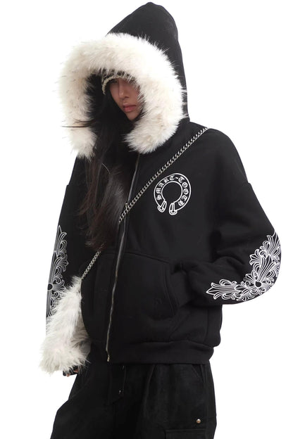 Printed Fur Collar Hooded Jacket