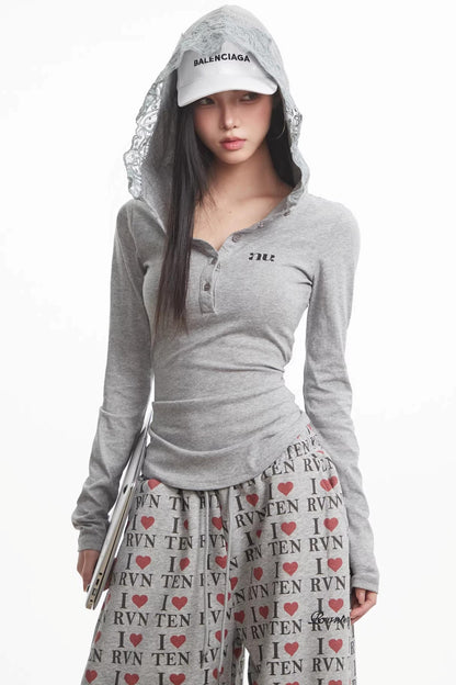 Lace Patchwork Hooded Top