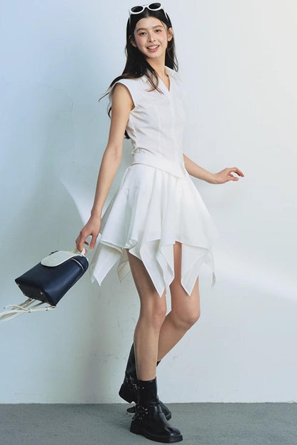 White Dash Sleeve Waist-Trim Shirt Set-Up