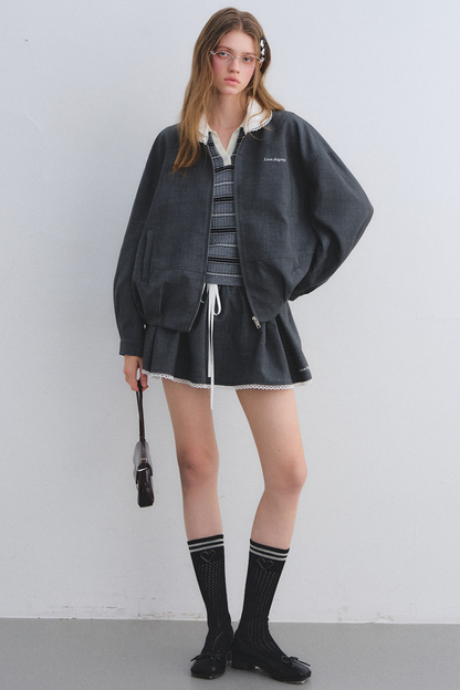 Lace Floral Gray Jacket Skirt Set-Up