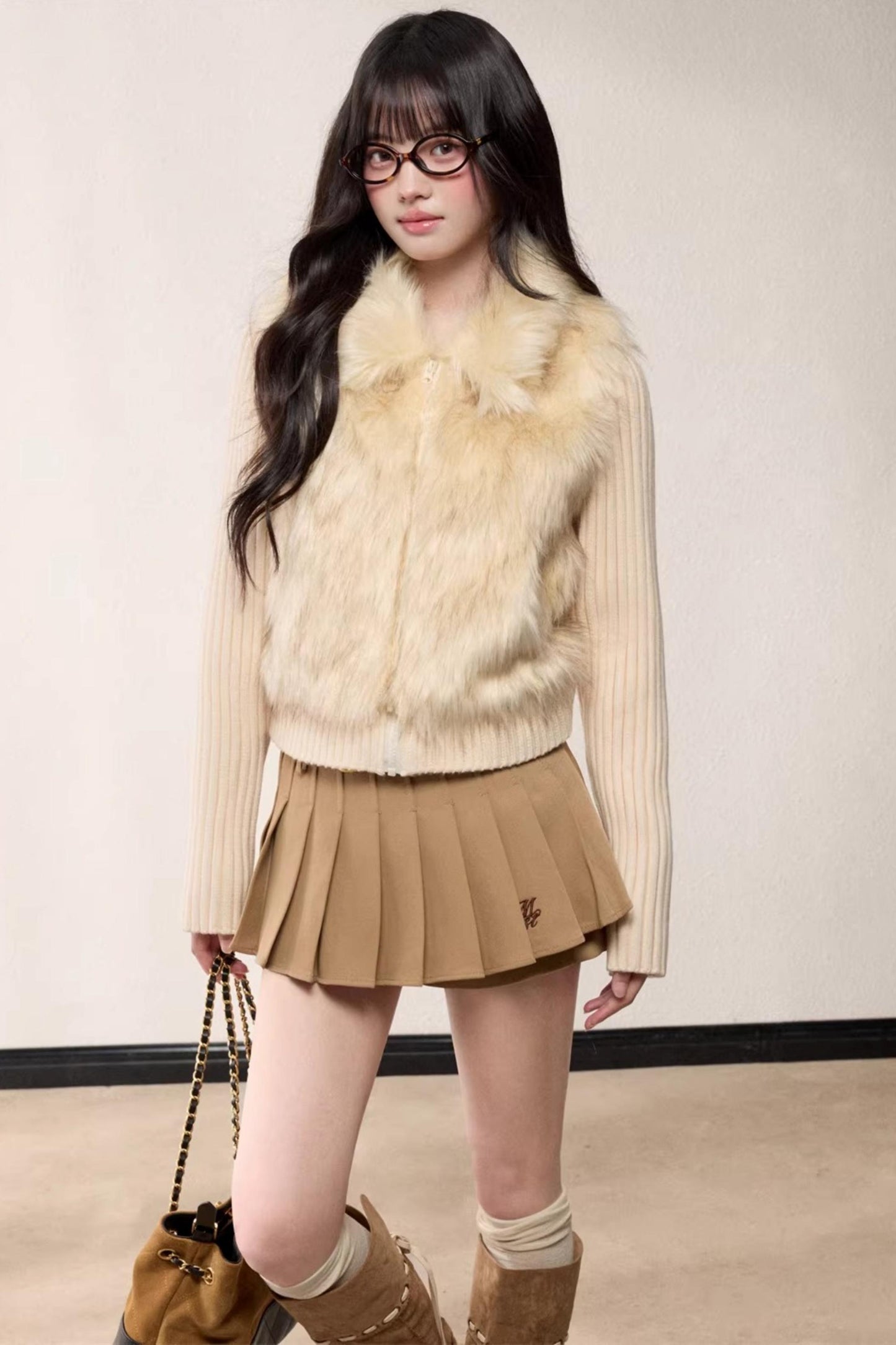 Lapel Patchwork Knitted Coat