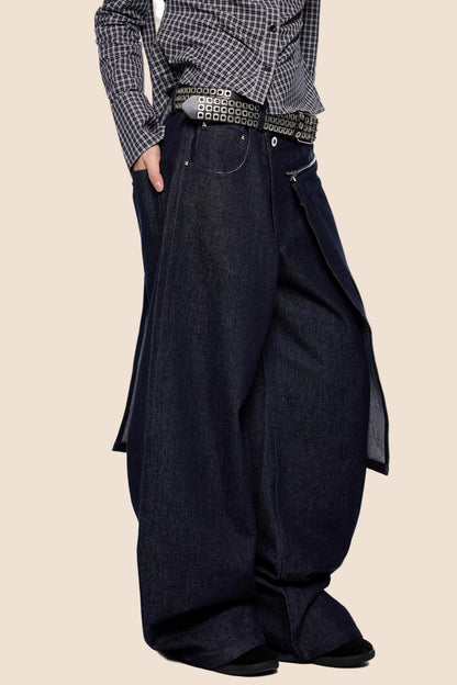 Detachable Pleated Denim Skirt Pants