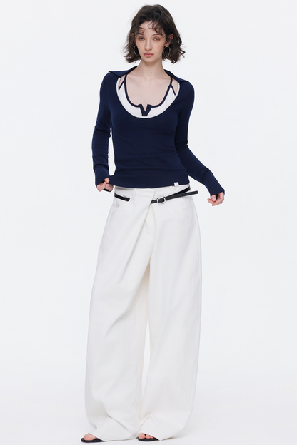 Asymmetrical Waistband Denim Pants