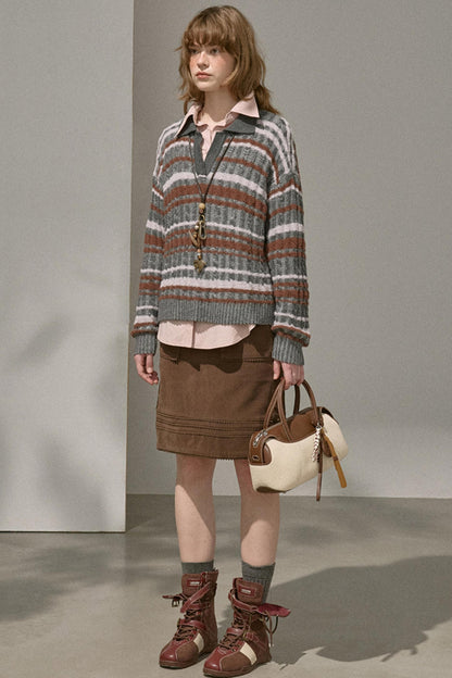 Contrast Fleece V-Neck Knit Top