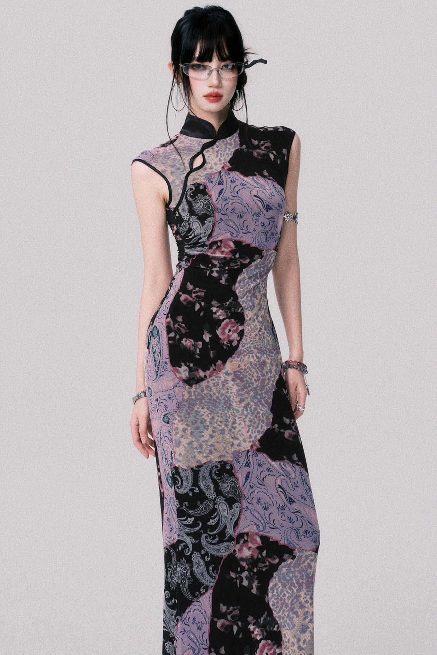 Smokey Purple Color-Block Cheongsam Dress