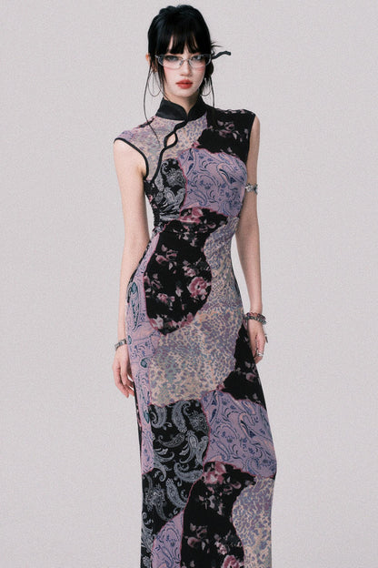 Smokey Purple Color-Block Cheongsam Dress