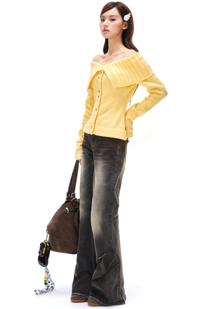 Colorful Button Off-Shoulder Knit Sweater