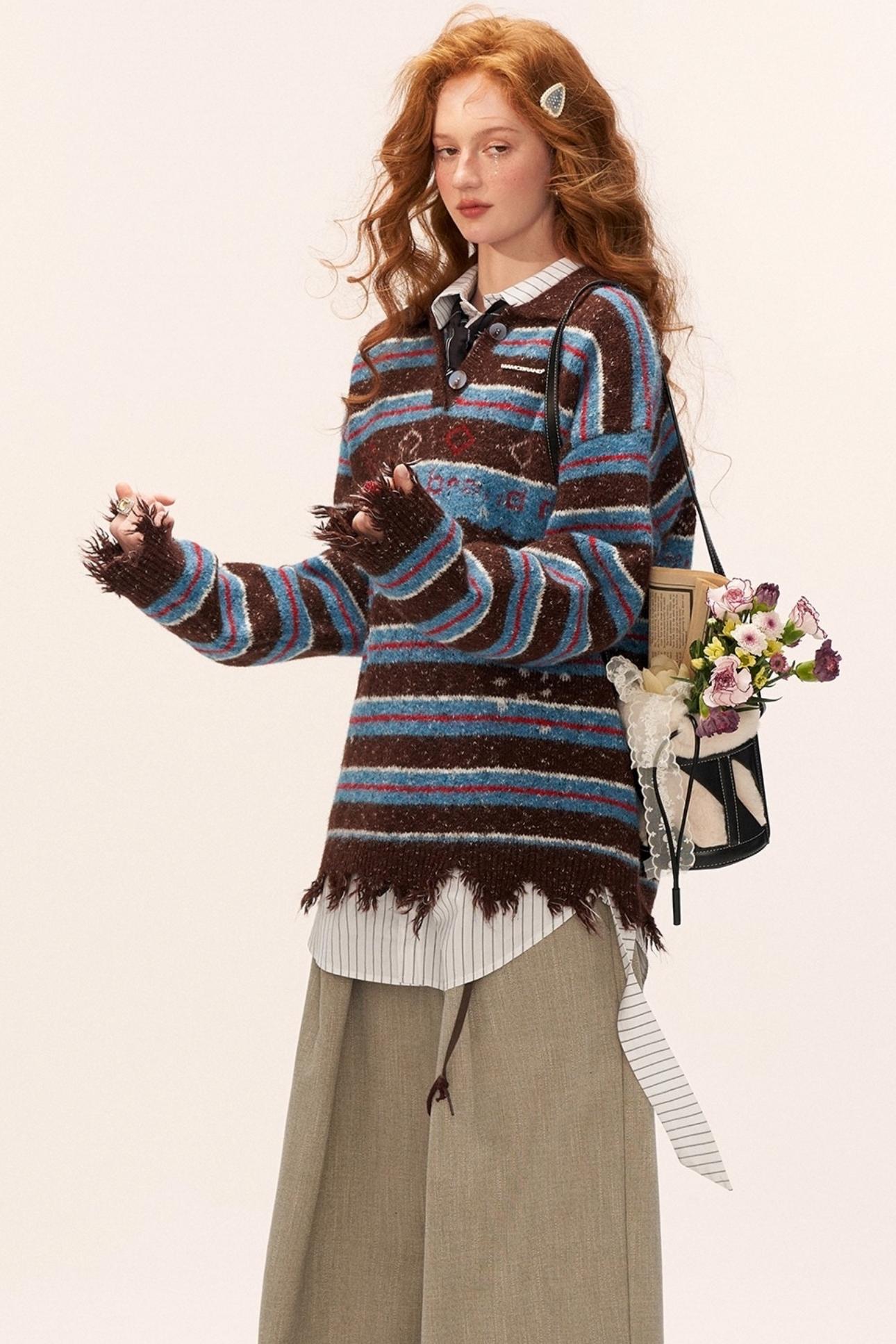 Star Stripe Polo Collar Sweater