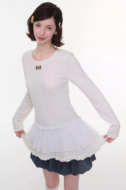 Lace Pleated Polka Dot Top