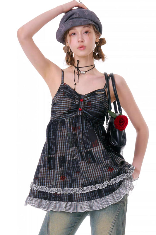 Retro Plaid Lace Strap Top