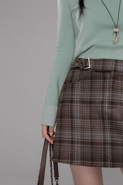 Brushed Plaid Brown Skirt