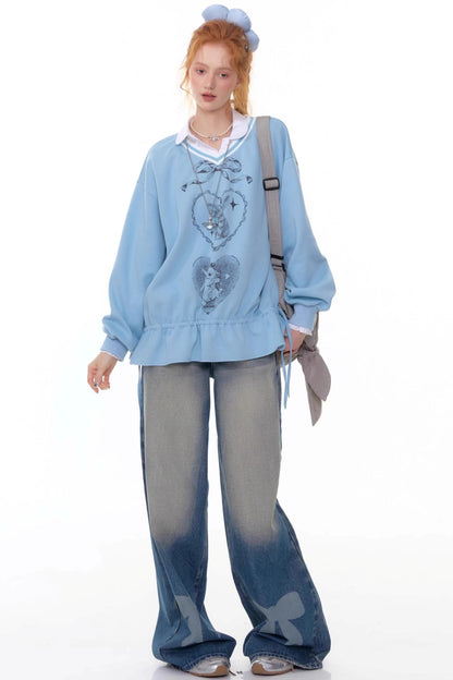 Retro Bow Design High-Waisted Denim Pants