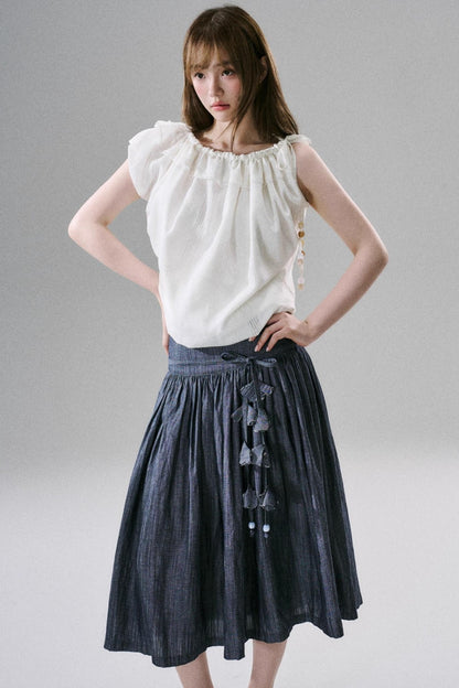 Beaded One-Shoulder Linen Top