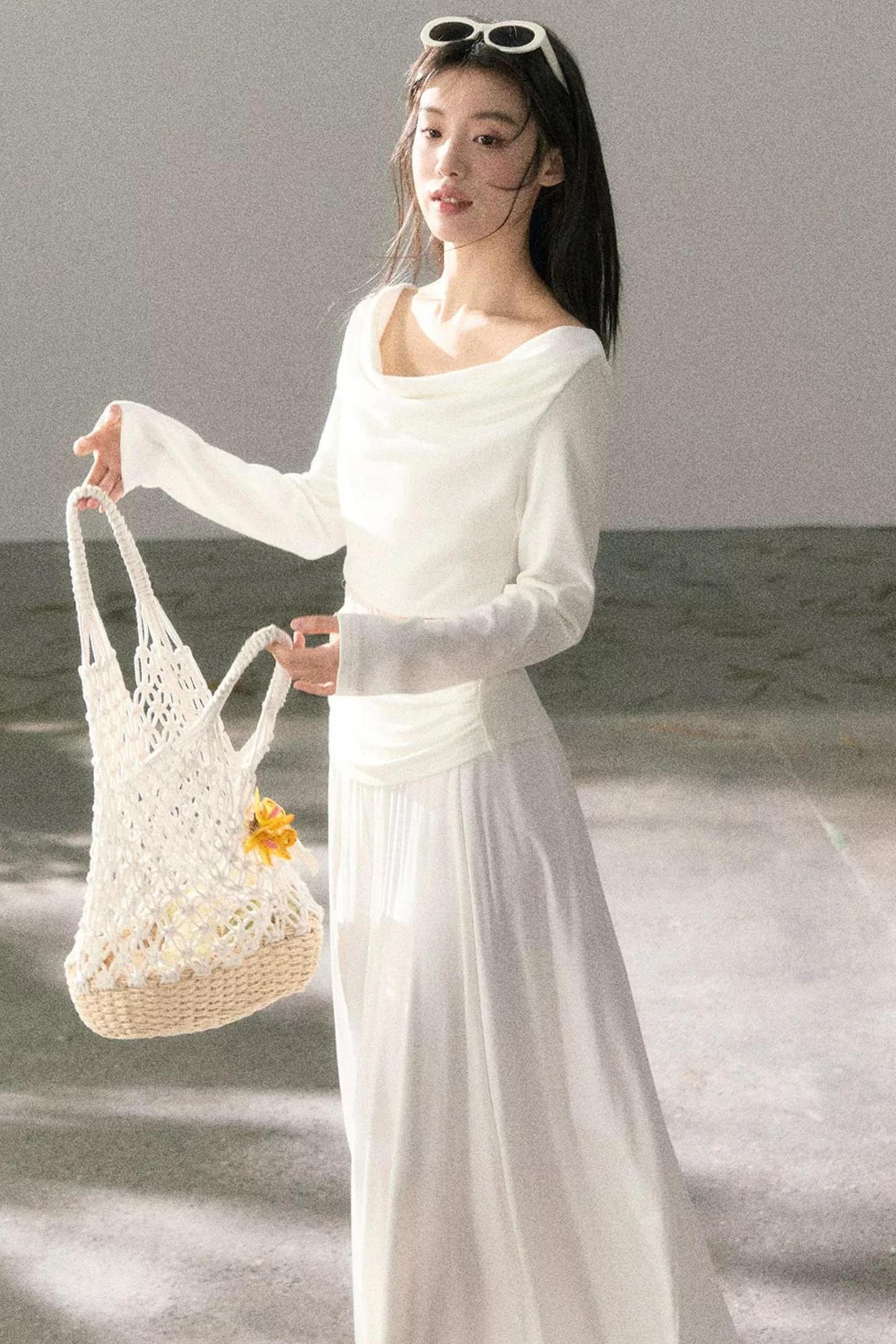 White Lace Cutout Draped Top Set-Up