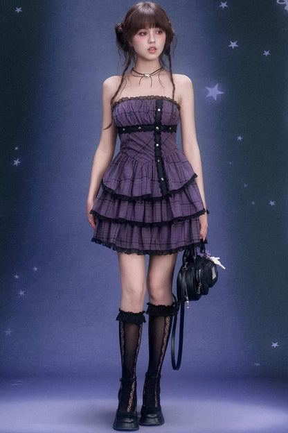 Grape Purple Plaid Strapless Dress Set