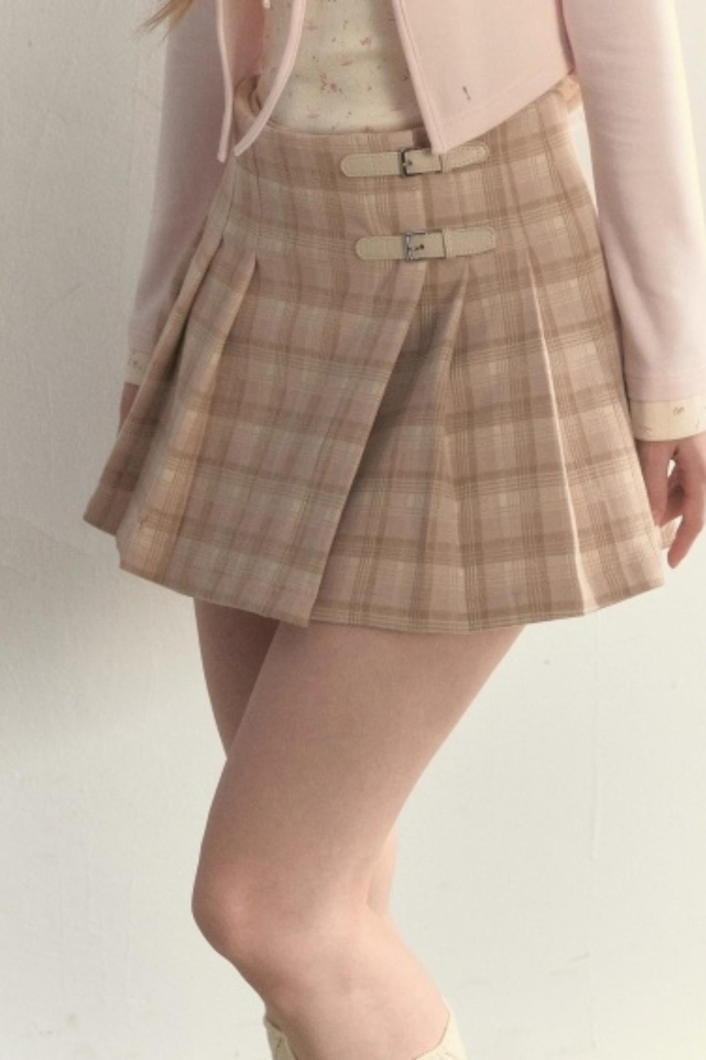Plaid Leather Buckle Skirt