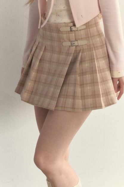 Plaid Leather Buckle Skirt