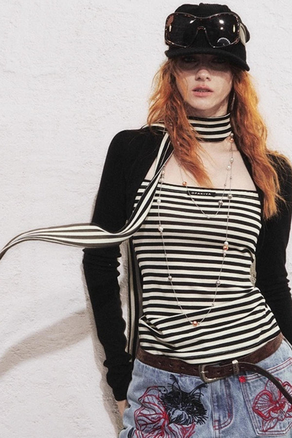 Fake Two Slimming Striped Knit Top