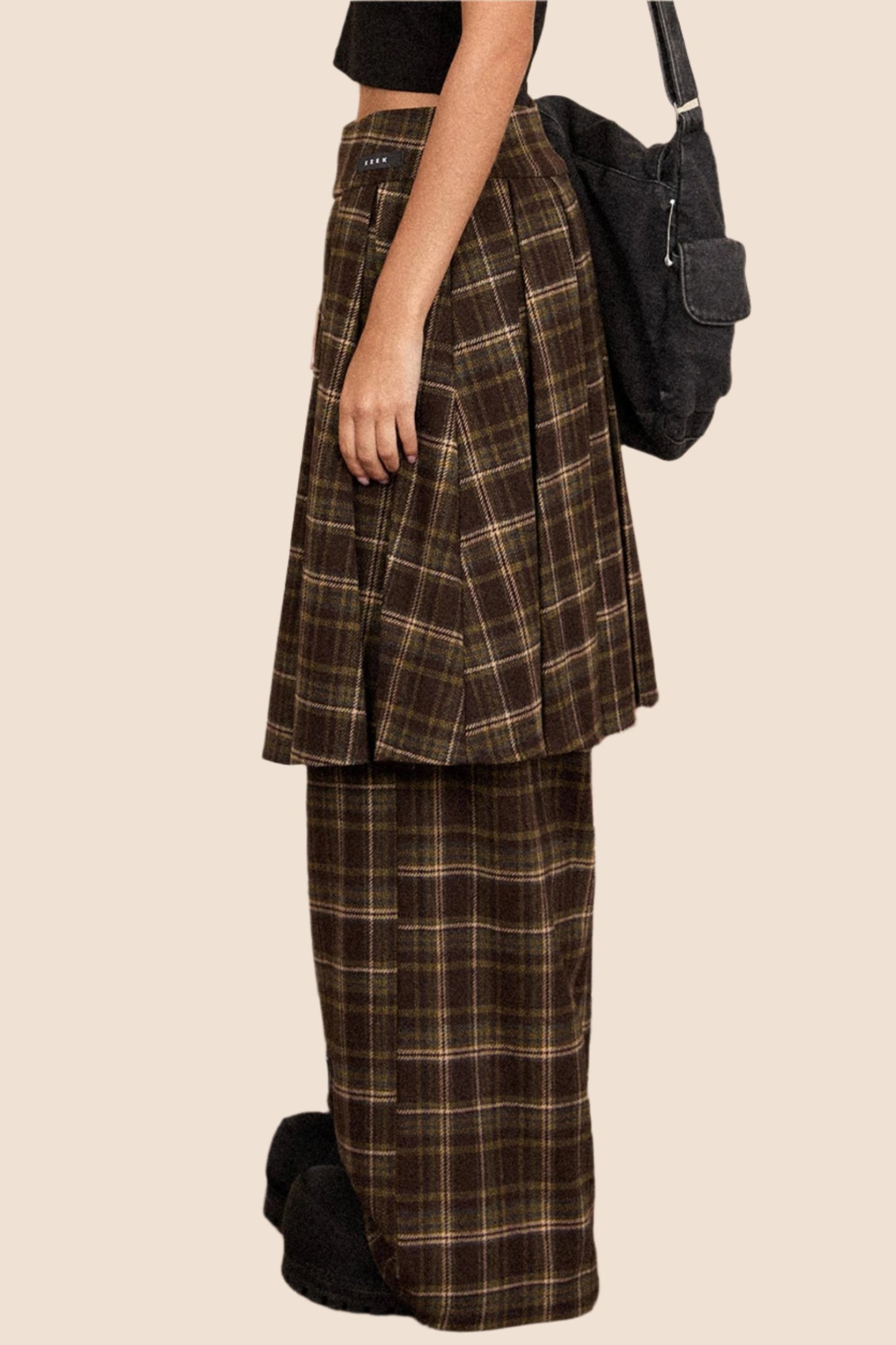 Casual Woolen Plaid Skirt And Pants Set-Up