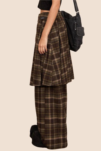 EZEK AMERICAN RETRO WOOLEN PLAID CASUAL WIDE-LEG PANTS WOMEN'S AUTUMN AND WINTER NEW HIGH-WAISTED SKIRT MOP PANTS TIDE