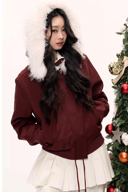 Burgundy Black Fur Collar Coat Set-Up
