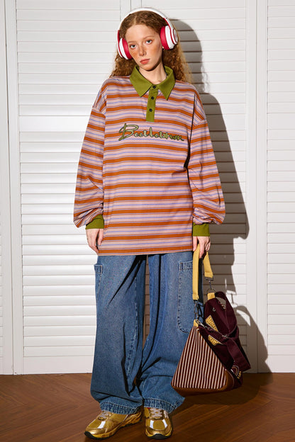 Loose Fit Striped Polo Neck Top