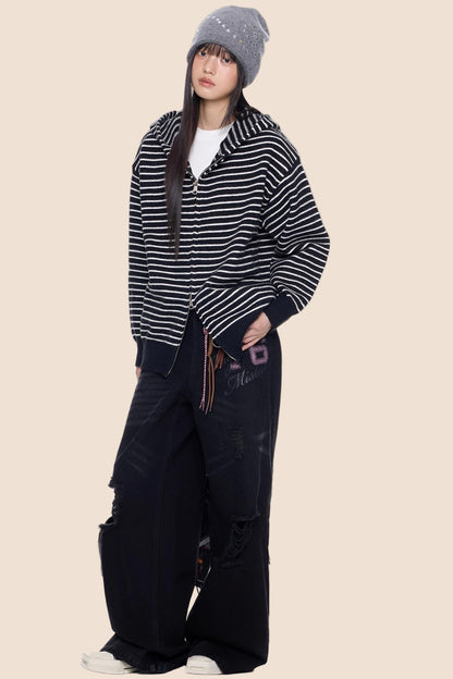 Color-Block Striped Knit Cardigan