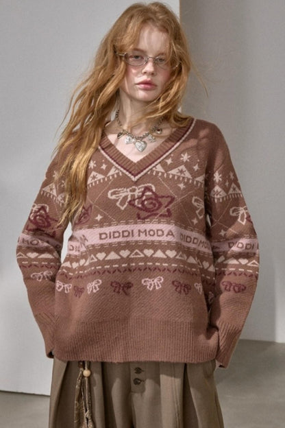 Fair Isle Bow Knit Sweater