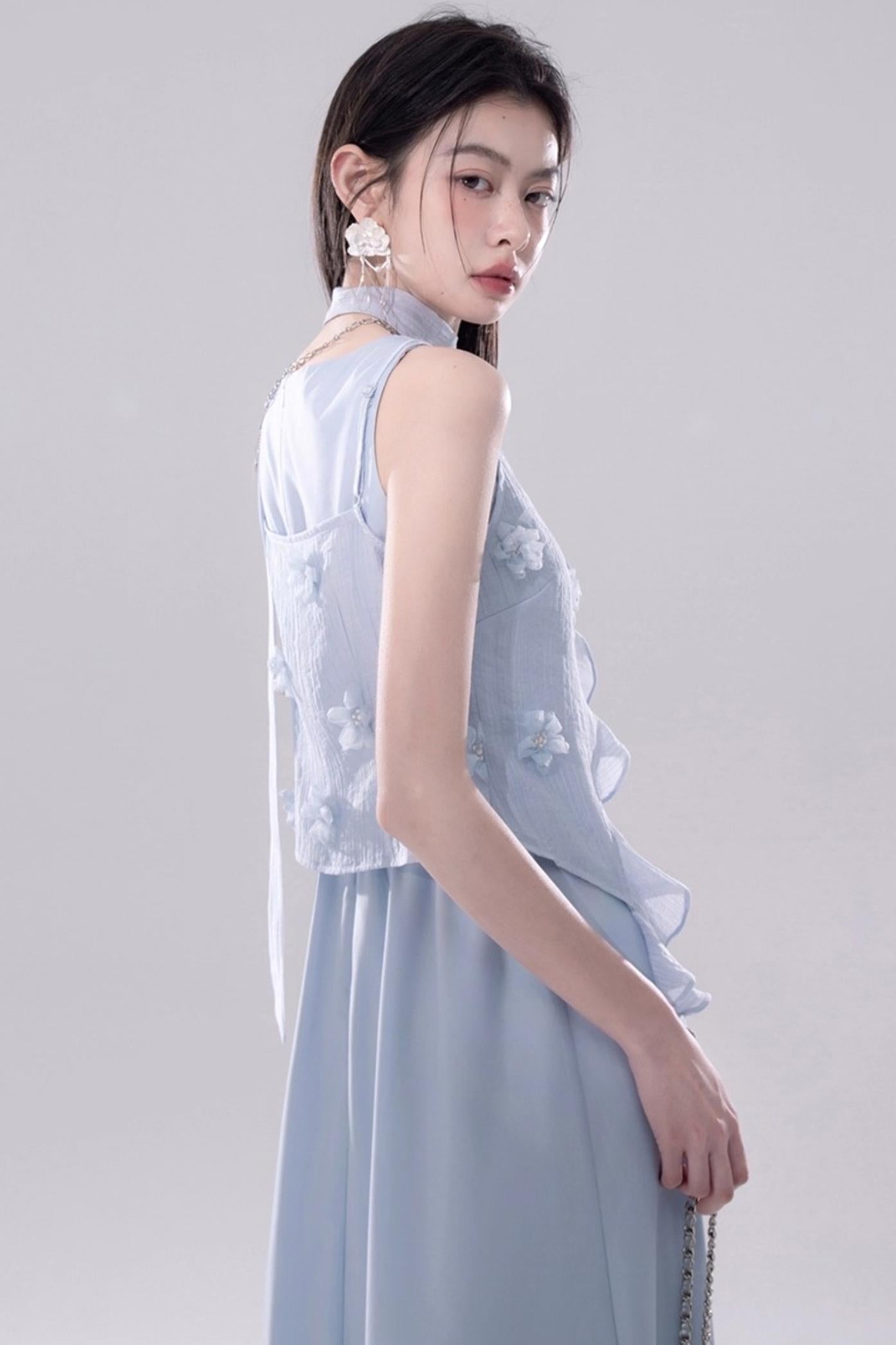 Romantic Blue Flower Cardigan Skirt Set