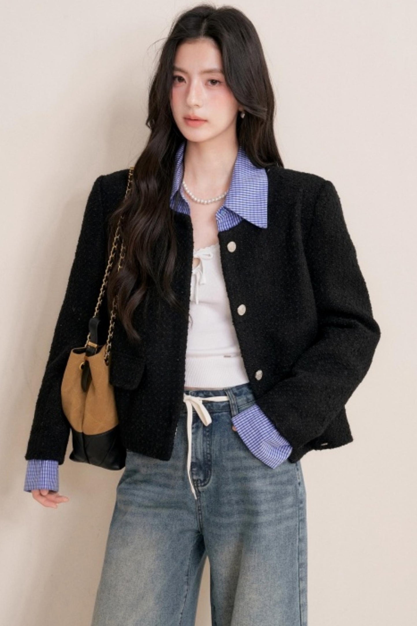 Tweed Plaid Panel Fake Two Jacket