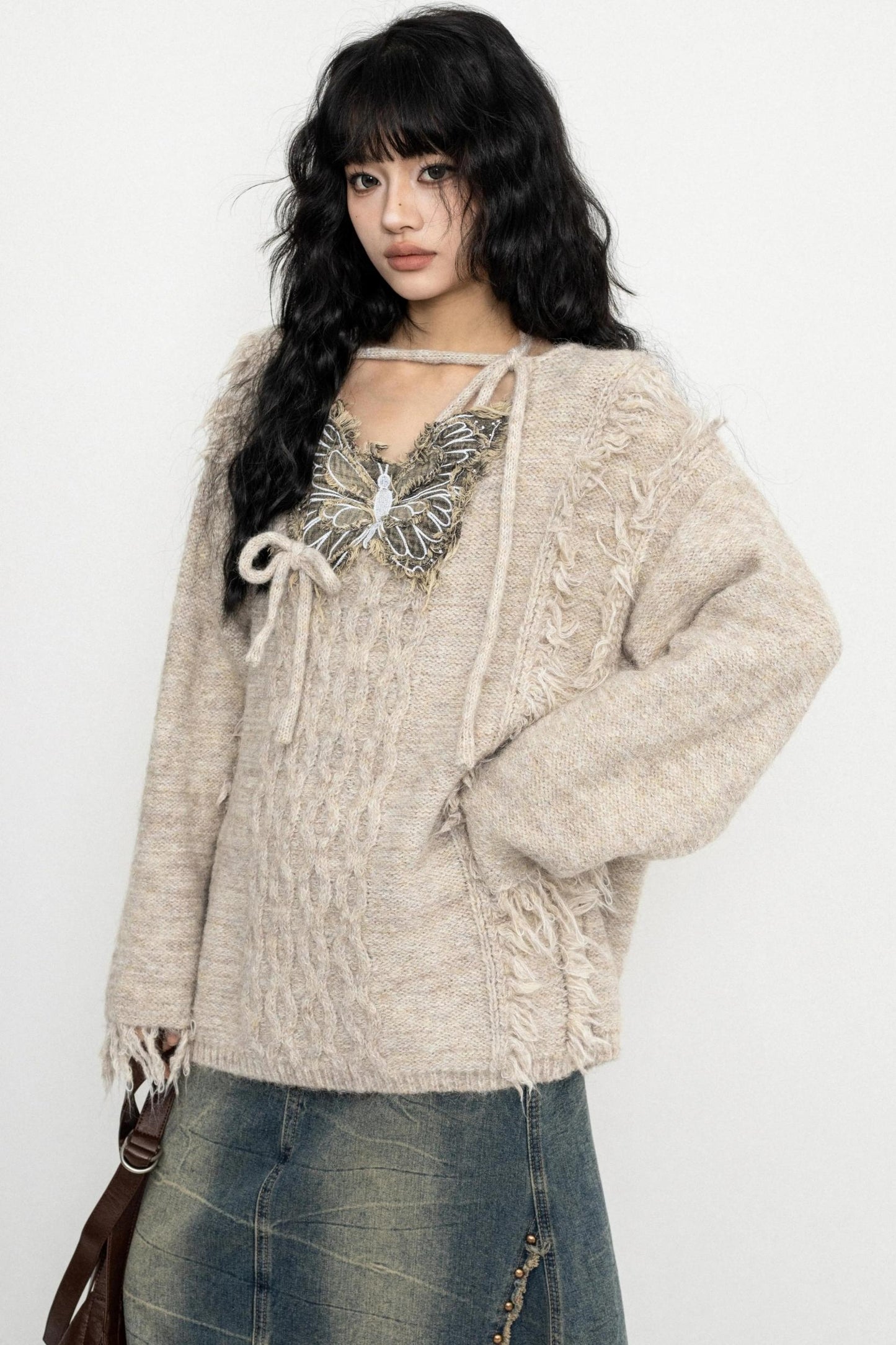 Fringe Lace-Up Butterfly Sweater