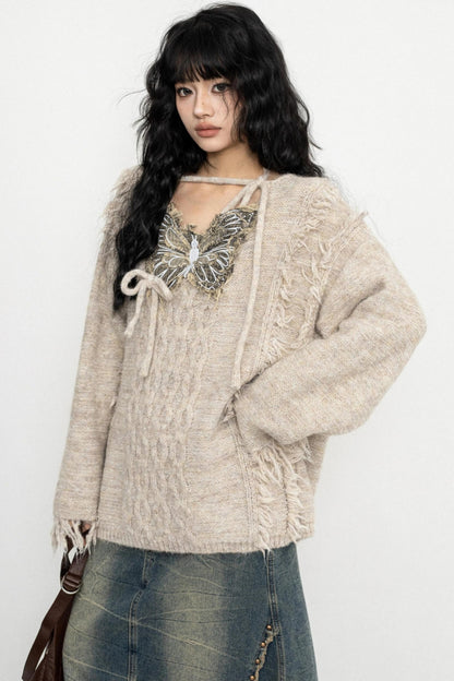 Fringe Lace-Up Butterfly Sweater