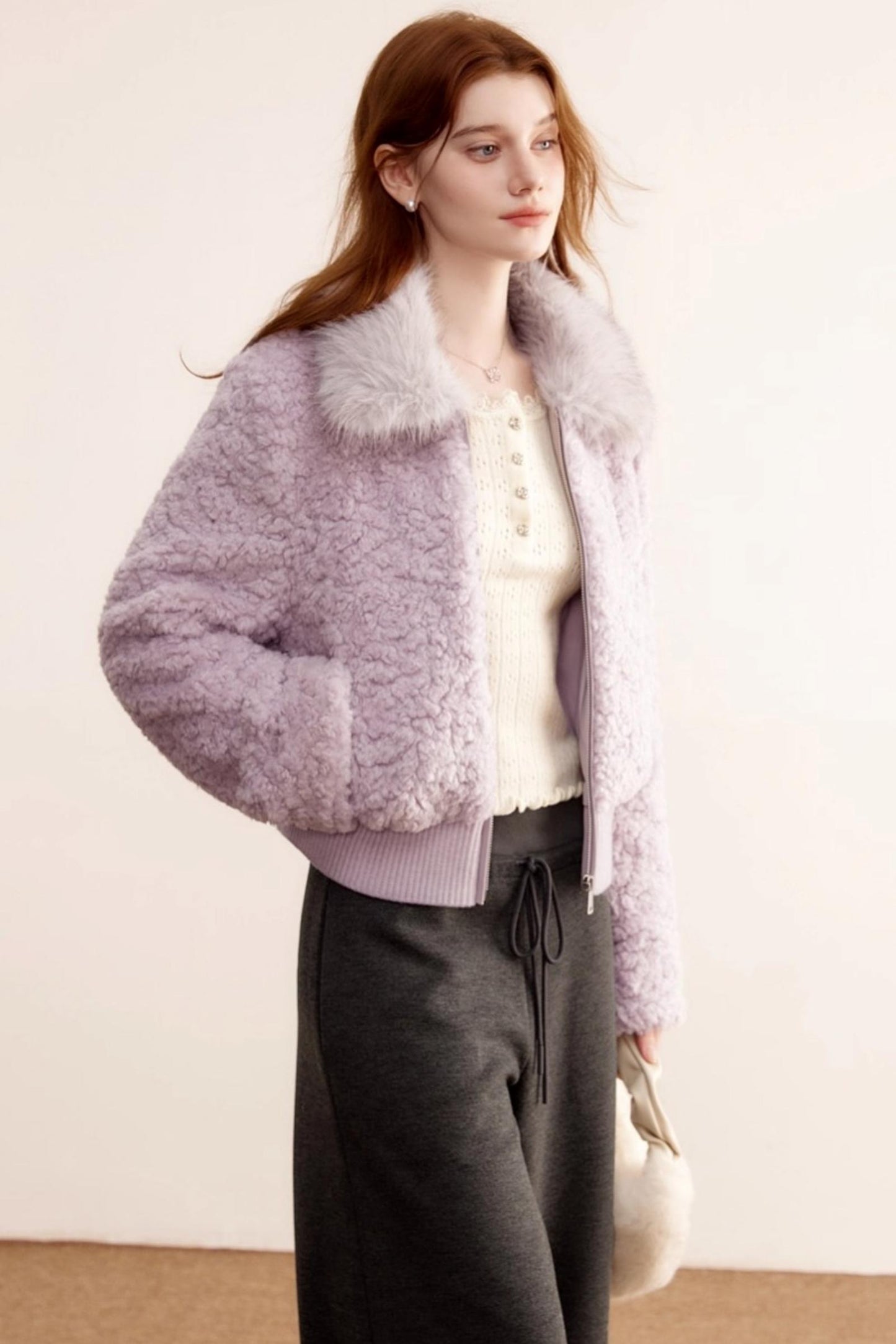 Purple Lamb Wool Fur Coat