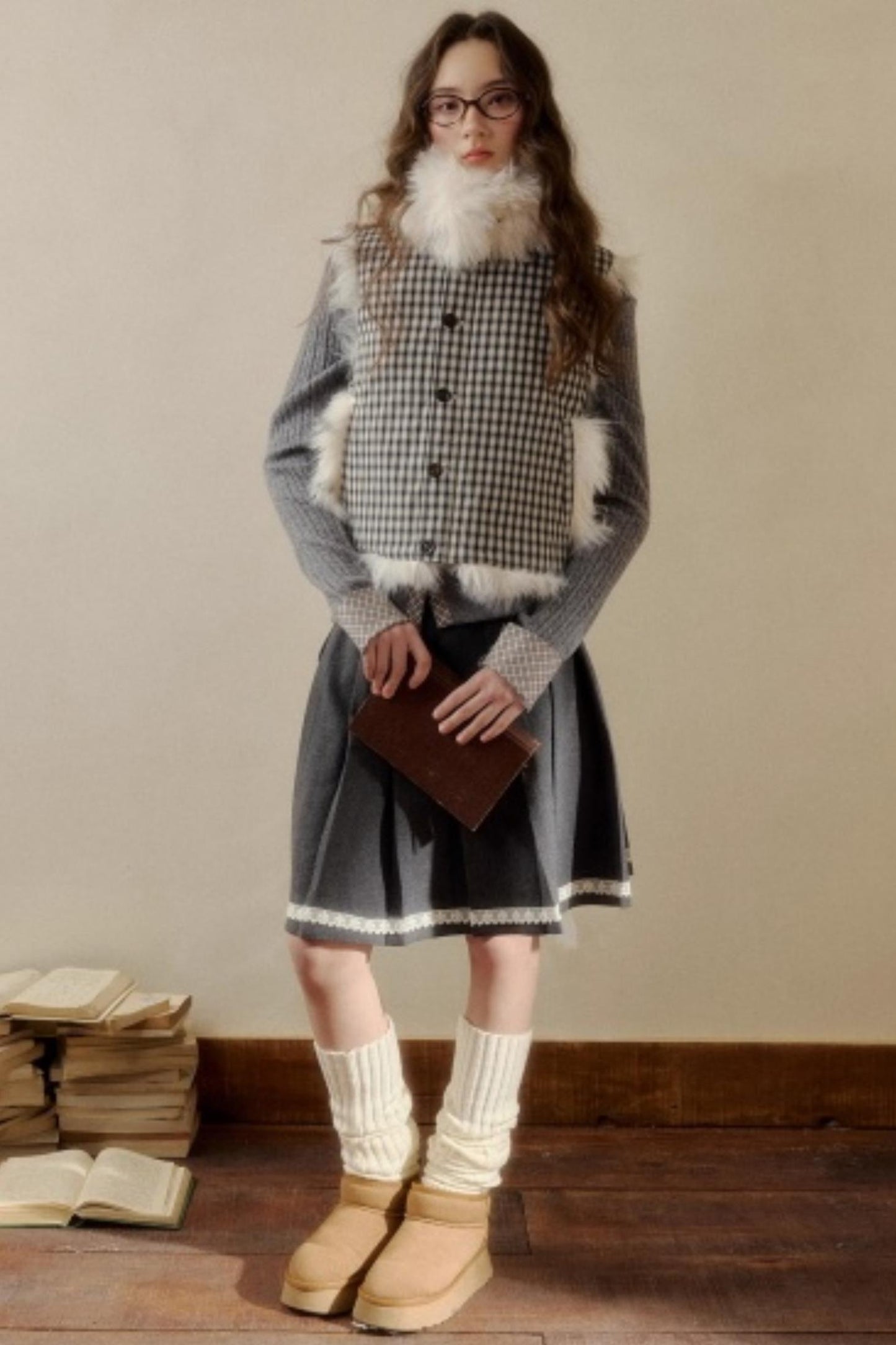 Polka Dot Plaid Fur Coat