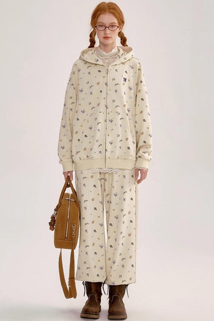 Floral Hooded Sweatshirt Cardigan Set-Up