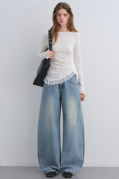 Spitzen-Patchwork-Taillierte Bluse