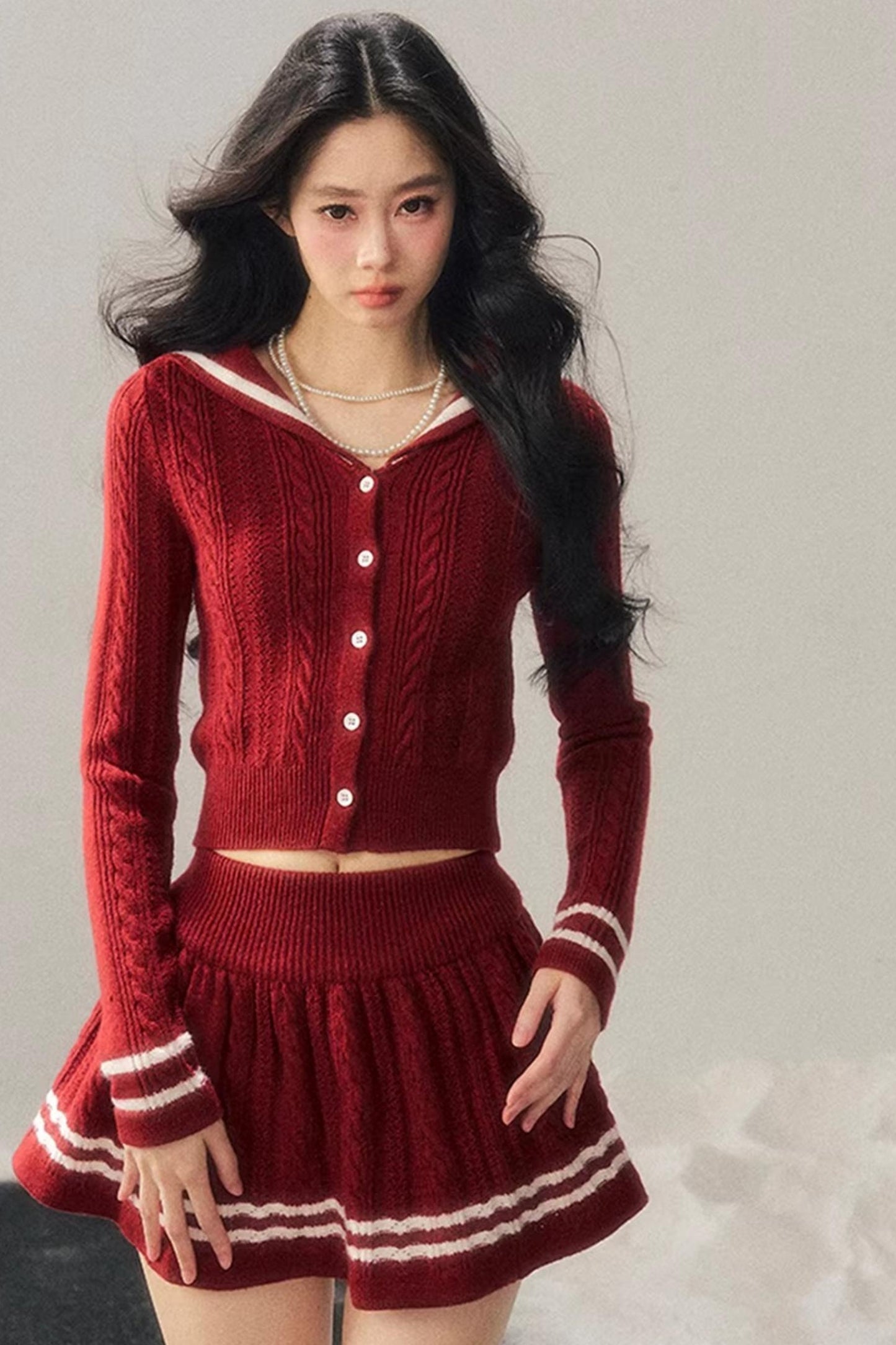 Red Evening Breeze Knitted Sweater Set-Up
