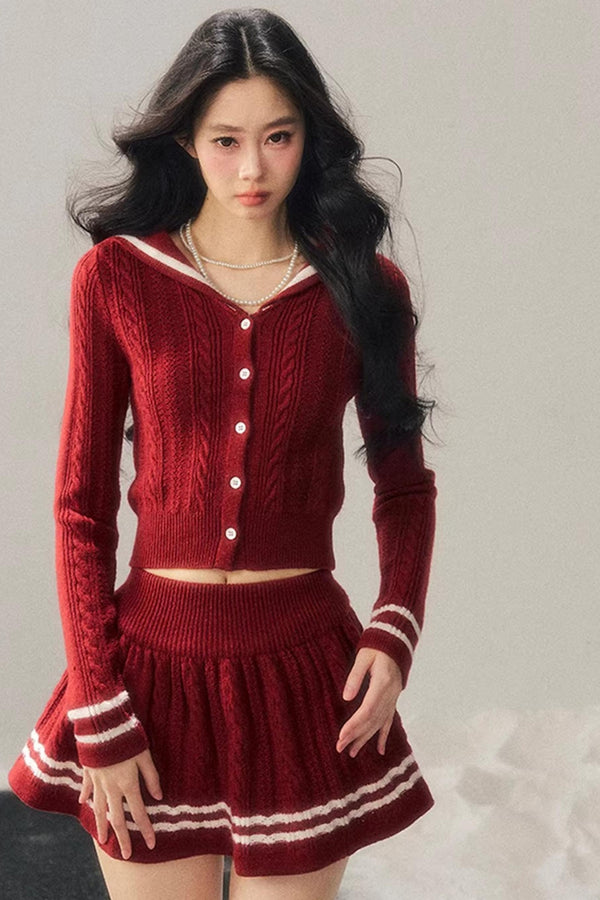 Red Evening Breeze Knitted Sweater Set-Up