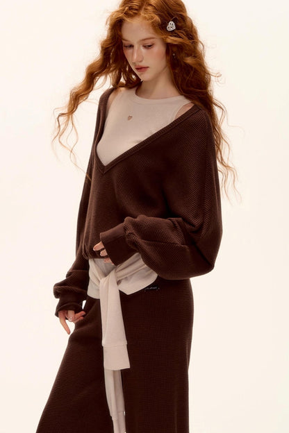 Waffle Knit V-Neck Sweater Set-Up